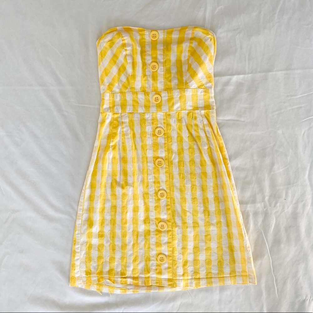 Yellow checkered strapless summer dress